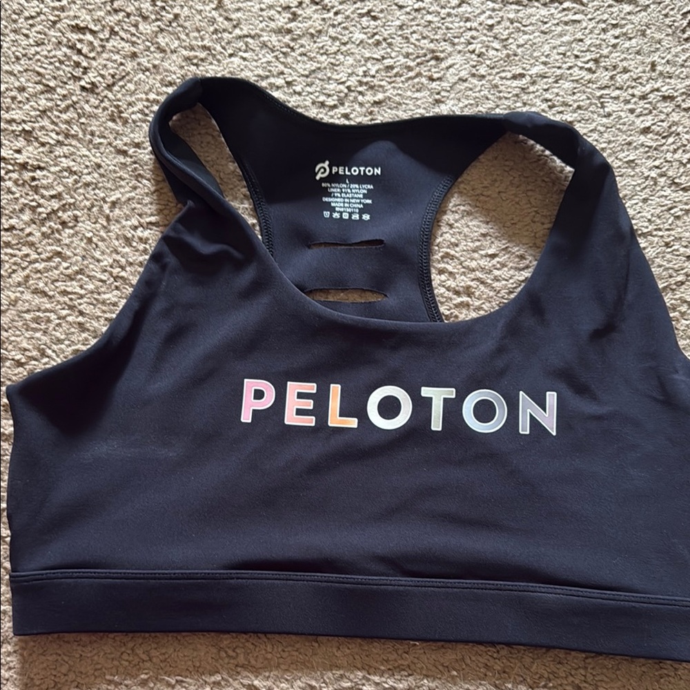 Peloton Black Sports Bra with Colorful Logo